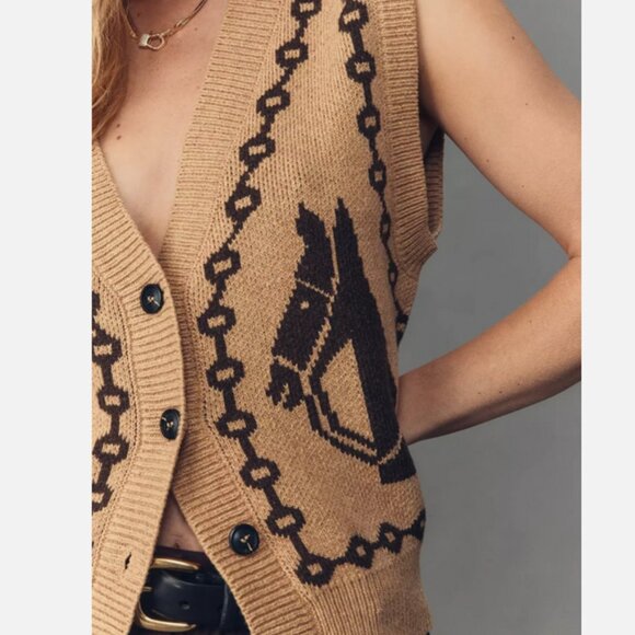 Anthropologie Knit V-Neck Cardigan Sweater Vest Western Horse Equestrian S NWT - Picture 3 of 6
